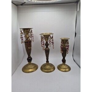 Vintage Ornate Brass Candlesticks Set Of 3 Beads Dangling Red Yellow Chains